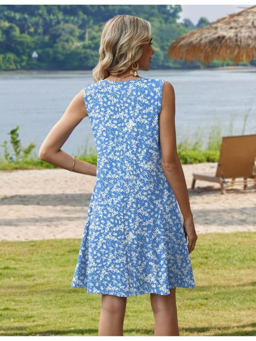 〽️Blue Floral Sleeveless Swing Dress Women’s Crewneck A Line Summer Mini - Picture 6 of 6